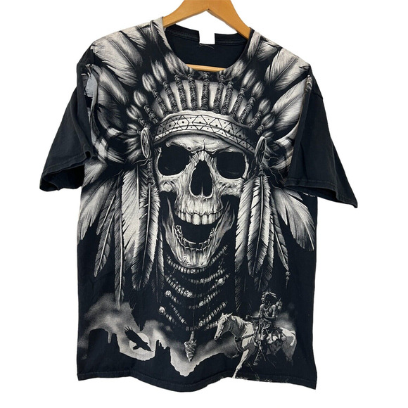 Native American Skull Indian Chief All Over Print T Shirt Black Size Large‎ - Picture 1 of 5